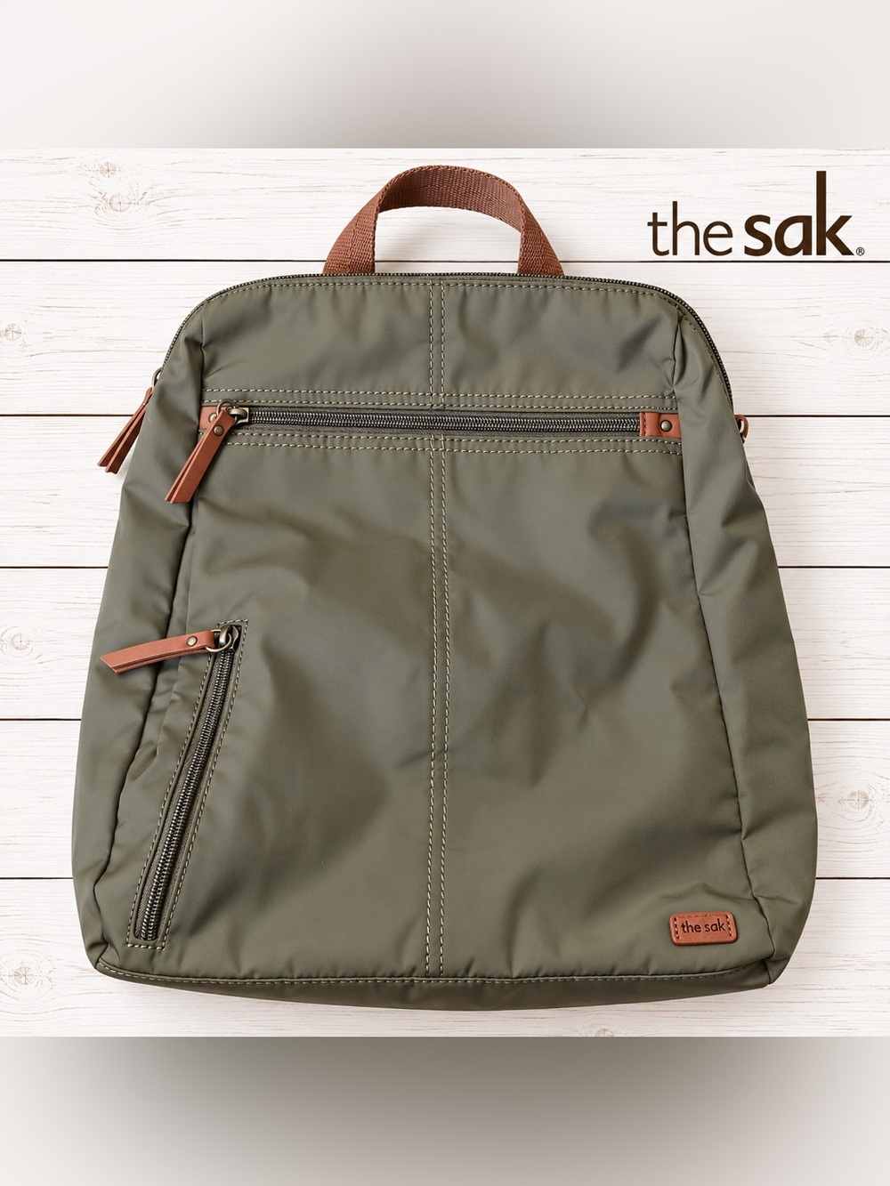 The Sak Olive Green Backpack with Brown Accents